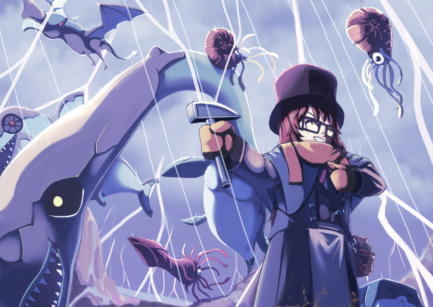 1girl, animal, bag, black-framed_eyewear, brown_hair, dinosaur, fate/grand_order, fate_(series)