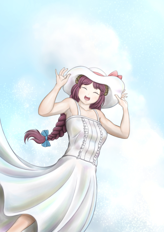 1girl, alternate_costume, bare_shoulders, bow, braid, breasts, brown_hair, closed_eyes