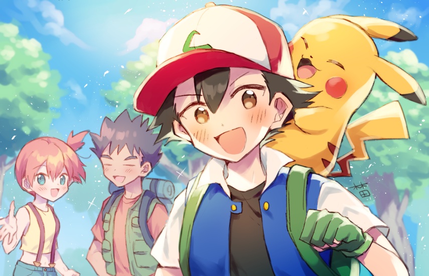 1girl, 2boys, :d, ash_ketchum, asymmetrical_hair, baseball_cap, black_hair, blue_jacket