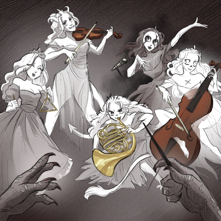 abby_howard, absurdres, cello, conductor, conductor_baton, crown, dark_background, dress, french_horn, ghost, highres, horns, instrument, long_hair, microphone, music, official_art, princess_(slay_the_princess), singing, slay_the_princess, tail, the_adversary_(slay_the_princess), the_damsel_(slay_the_princess), the_hero_(slay_the_princess), the_nightmare_(slay_the_princess), the_spectre_(slay_the_princess), the_witch_(slay_the_princess), tiara, torn_clothes, torn_dress, triangle_(instrument), violin