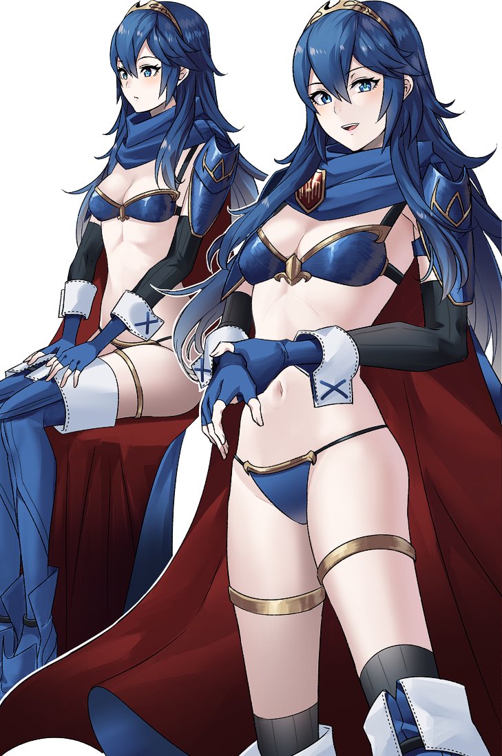 1girl, @storm5958, alexis_tipton, ameno_(a_meno0), armor, armored_boots, bikini, blue_bikini, blue_eyes, blue_hair, blush, boots, breasts, cape, crescentluna, elbow_gloves, fingerless_gloves, fire_emblem, fire_emblem_awakening, gloves, hair_ornament, hands_on_own_thighs, jake_brito, kobayashi_yu, laura_bailey, long_hair, lucina_(fire_emblem), multiple_views, navel, nintendo, open_mouth, shoulder_armor, simple_background, sitting, small_breasts, smile, standing, swimsuit, symbol-shaped_pupils, thigh_boots, thighhighs, tiara, very_long_hair, voice_actor_connection, white_background