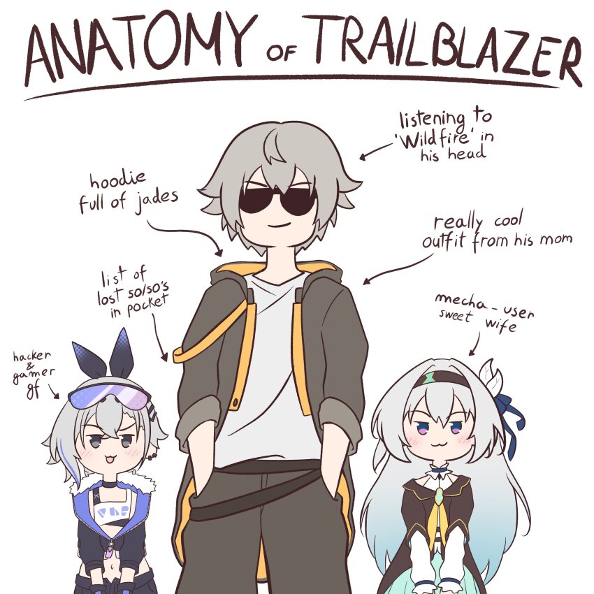 1boy, 2girls, :3, absurdres, anatomy_of_a_gamer_(meme), arrow_(projectile), black_hairband, black_jacket, black_pants, caelus_(honkai:_star_rail), closed_mouth, commentary, english_commentary, english_text, firefly_(honkai:_star_rail), goggles, goggles_on_head, grey_hair, hairband, hands_in_pockets, highres, honkai:_star_rail, honkai_(series), hood, hood_down, hooded_jacket, jacket, meme, multiple_girls, pants, purple_eyes, shirt, short_hair, silver_wolf_(honkai:_star_rail), simple_background, smile, sunglasses, trailblazer_(honkai:_star_rail), white_background, white_hair, white_shirt, yolo_generations