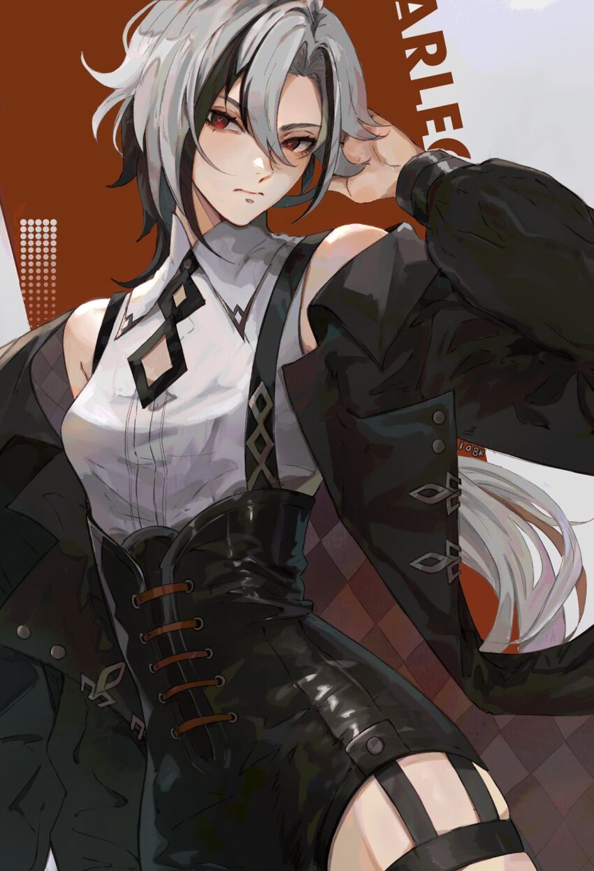 1girl, 1o8k, arlecchino_(genshin_impact), bare_shoulders, black_coat, black_eyes, black_hair, coat