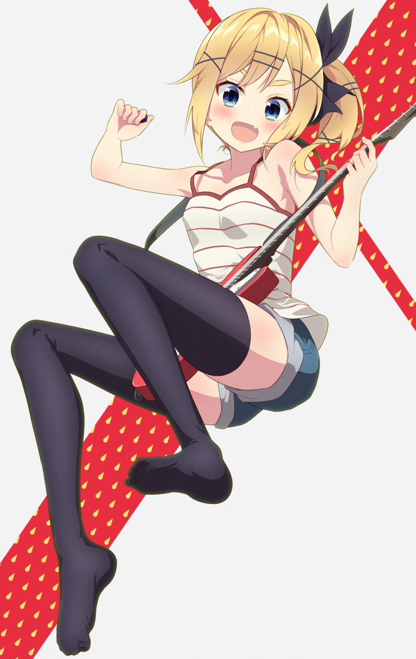 1girl, absurdres, black_thighhighs, blonde_hair, blue_eyes, camisole, cereal_(cerealoekaki), denim