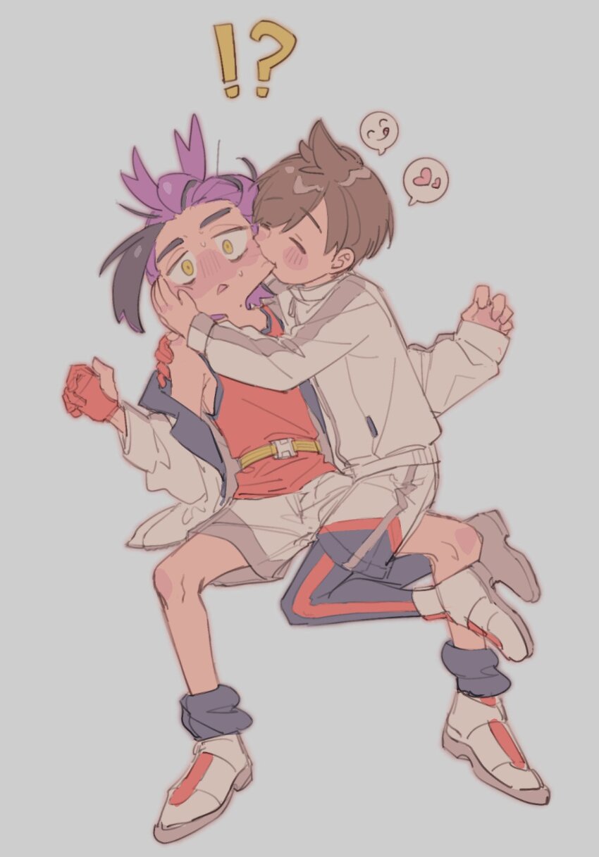 2boys, biting, biting_cheek, black_hair, blush, brown_hair, closed_eyes, florian_(pokemon)