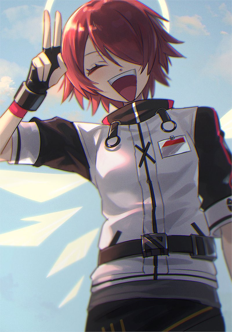 1girl, :d, ^_^, arknights, arm_up, black_gloves, black_skirt, blue_sky