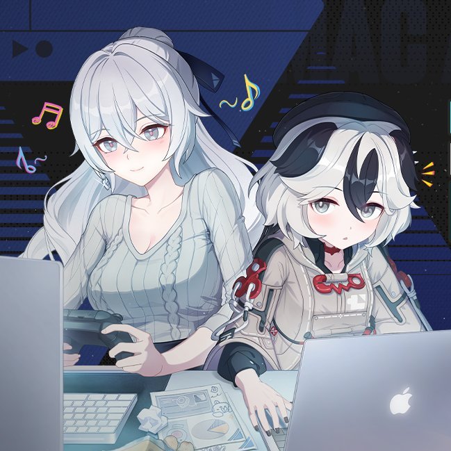 2girls, apple_inc., aran_sweater, beamed_sixteenth_notes, beret, black_hair, black_hat, black_nails, black_shirt, blush, breasts, bronya_zaychik, bronya_zaychik_(outstanding_attitude), bronya_zaychik_(silverwing:_n-ex), brown_jacket, cable_knit, cellysticks, cleavage, closed_mouth, commentary_request, computer, computer_keyboard, controller, coralie_6626_planck, coralie_6626_planck_(valkyrie_blastmetal), eighth_note, game_controller, grey_eyes, grey_hair, grey_sweater, hair_between_eyes, hat, holding, honkai_(series), honkai_impact_3rd, jacket, laptop, long_hair, long_sleeves, macbook, macintosh, medium_breasts, multicolored_hair, multiple_girls, musical_note, nail_polish, notice_lines, parted_lips, ponytail, puffy_long_sleeves, puffy_sleeves, ribbed_sweater, shirt, smile, sweater, two-tone_hair, upper_body, very_long_hair