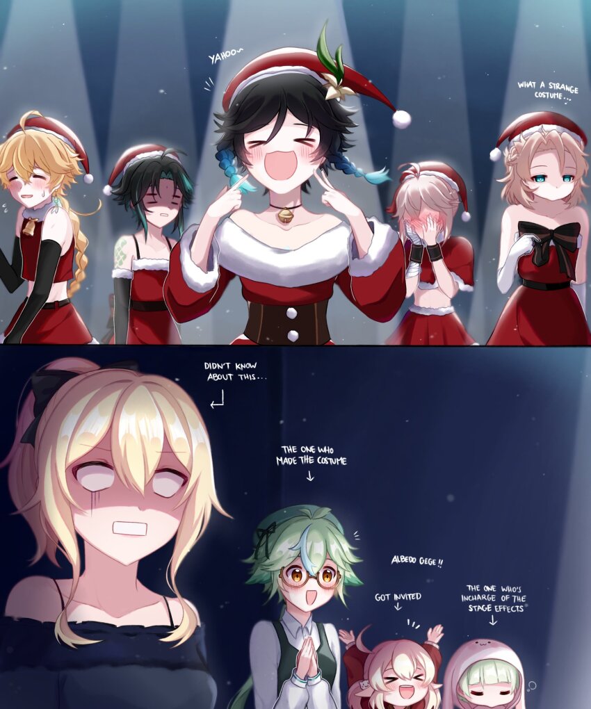 >_<, 4girls, 5boys, aether_(genshin_impact), albedo_(genshin_impact), aqua_hair, arm_tattoo, bell, black_bow, black_bowtie, black_hair, blonde_hair, blue_eyes, blush, bow, bowtie, braid, christmas, closed_eyes, crop_top, dress, genshin_impact, glasses, gradient_hair, green_hair, hat, highres, jean_(genshin_impact), kaedehara_kazuha, klee_(genshin_impact), kyou_0120, long_hair, long_sleeves, midriff, multicolored_hair, multiple_boys, multiple_girls, neck_bell, ponytail, red_hair, santa_costume, santa_dress, santa_hat, sayu_(genshin_impact), shirt, short_hair, sucrose_(genshin_impact), tattoo, trap, twin_braids, venti_(genshin_impact), white_shirt, xiao_(genshin_impact)