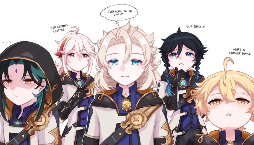 5boys, aether_(genshin_impact), albedo_(genshin_impact), albedo_(genshin_impact)_(cosplay), aqua_eyes, black_gloves, black_hair, black_hood