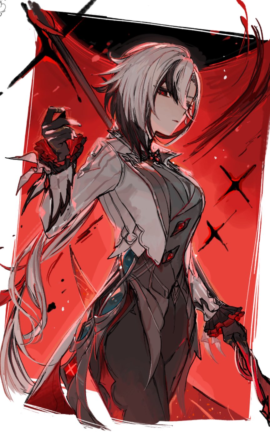 1girl, arlecchino_(genshin_impact), black_eyes, black_hair, black_hands, black_pants, breasts, closed_mouth