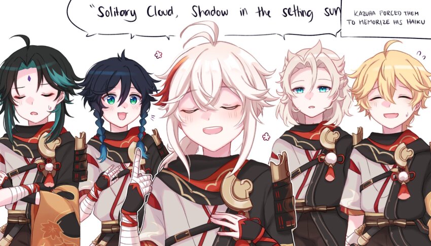 5boys, aether_(genshin_impact), albedo_(genshin_impact), bandages, black_gloves, black_hair, blonde_hair, blue_hair