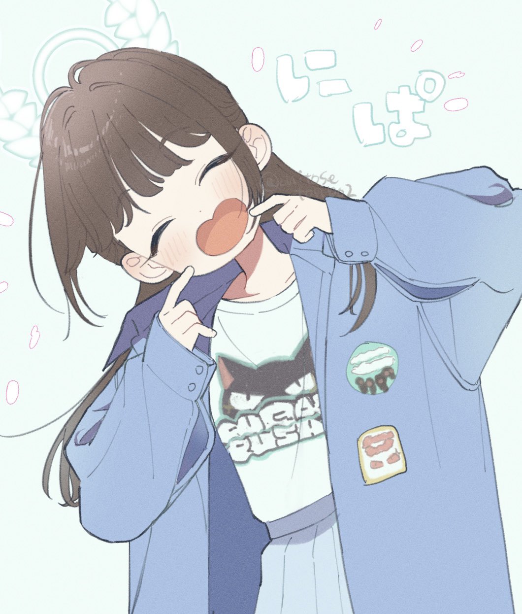 1girl, :d, airi_(band)_(blue_archive), airi_(blue_archive), badge, blue_archive, blue_background, blue_jacket