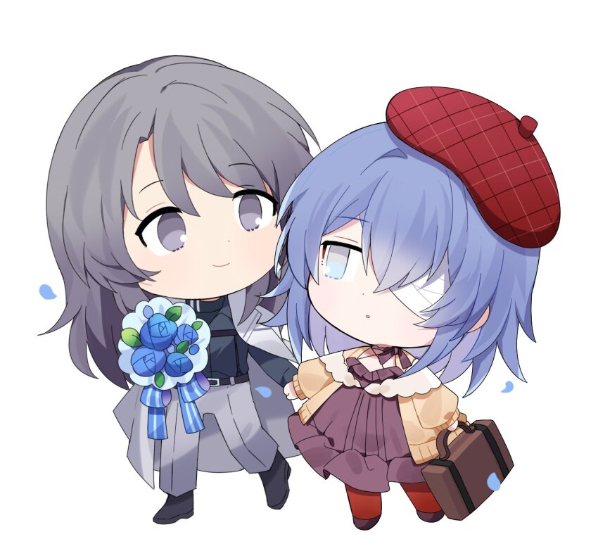 2girls, black_dress, black_footwear, black_hair, black_shirt, blue_eyes, blue_flower, blue_hair