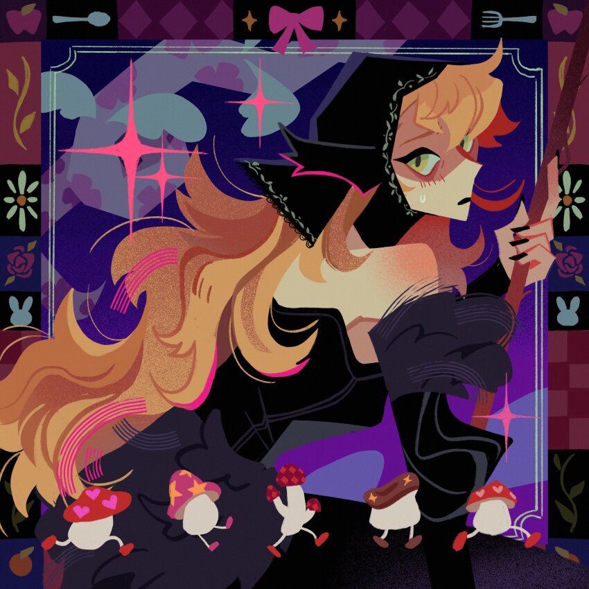 1girl, absurdres, bare_shoulders, black_dress, black_nails, blonde_hair, border, commentary, detached_sleeves, dress, dungeon_meshi, ear_covers, english_commentary, fork, from_side, fur-trimmed_sleeves, fur_trim, green_eyes, highres, holding, holding_wand, long_hair, maplebars, marcille_donato, marcille_donato_(lord), mushroom, nail_polish, solo, spoon, wand