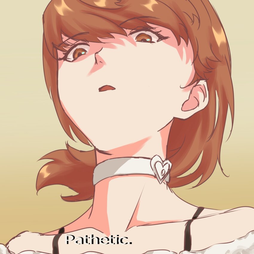 1girl, bare_shoulders, brown_eyes, brown_hair, choker, collarbone, commentary, disdain