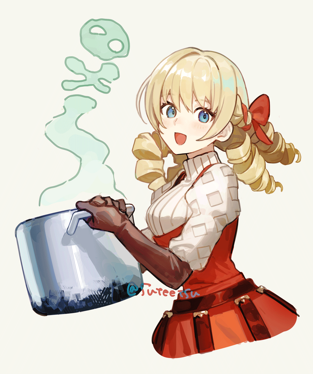 1girl, :d, aynoh, blonde_hair, blue_eyes, blush, bow, breasts, brown_gloves, cropped_legs, drill_hair, elbow_gloves, from_side, gloves, hair_between_eyes, hair_bow, high-waist_skirt, highres, long_bangs, long_hair, looking_at_viewer, medium_breasts, open_mouth, red_bow, red_skirt, ribbed_sweater, scarlett_(unicorn_overlord), sidelocks, simple_background, skirt, skull_and_crossbones, smile, solo, suspender_skirt, suspenders, sweater, turtleneck, turtleneck_sweater, unicorn_overlord, white_background, white_sweater