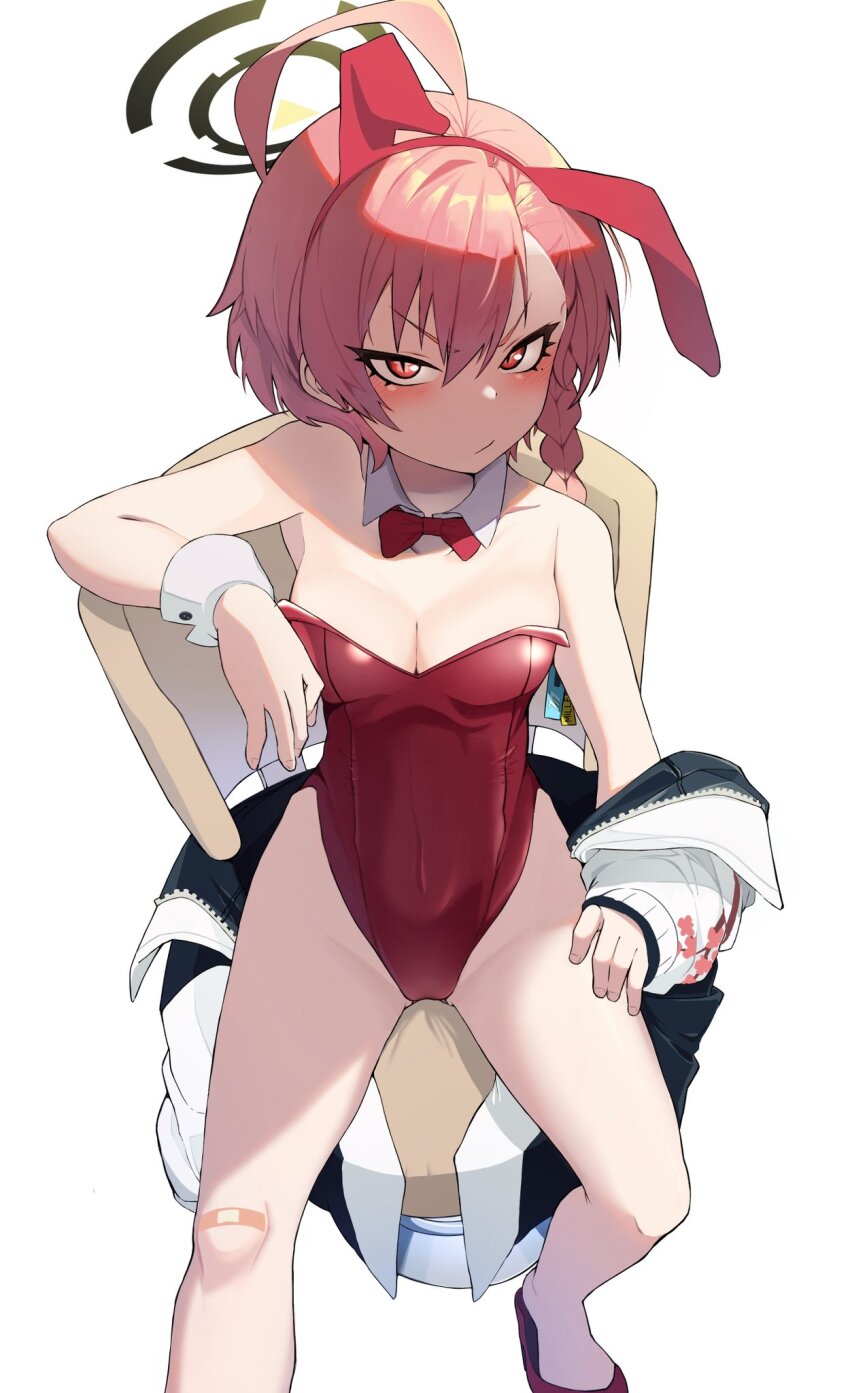 1girl, animal_ears, bandaid, bandaid_on_knee, bandaid_on_leg, blue_archive, blush, bow, bowtie, breasts, chair, cleavage, closed_mouth, detached_collar, fake_animal_ears, from_above, ggaebchun, hair_between_eyes, halo, highres, jacket, korean_commentary, leotard, looking_at_viewer, medium_breasts, mole, mole_under_eye, neru_(blue_archive), neru_(bunny)_(blue_archive), open_clothes, open_jacket, pink_hair, playboy_bunny, rabbit_ears, red_bow, red_bowtie, red_eyes, red_leotard, shoes, simple_background, sitting, solo, strapless, strapless_leotard, sukajan, white_background, white_jacket, wrist_cuffs