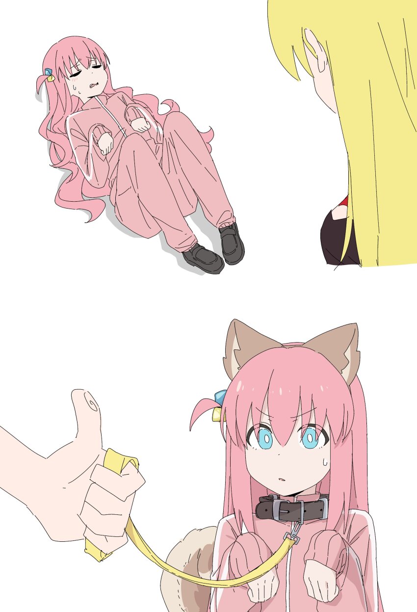 2girls, absurdres, animal_ears, aqua_eyes, black_collar, black_footwear, blonde_hair, bocchi_the_rock!