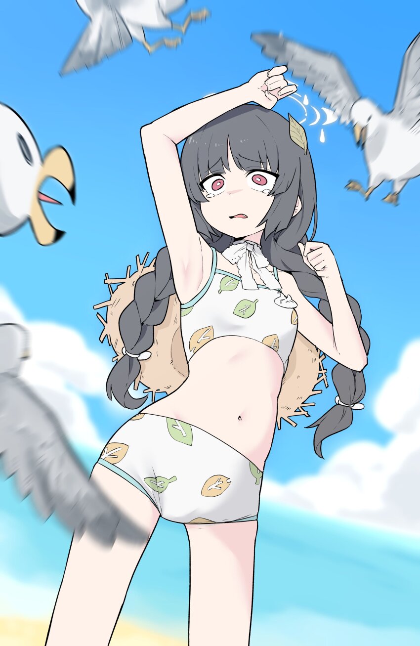 1girl, absurdres, arm_up, armpits, beach, bikini, bird, black_hair