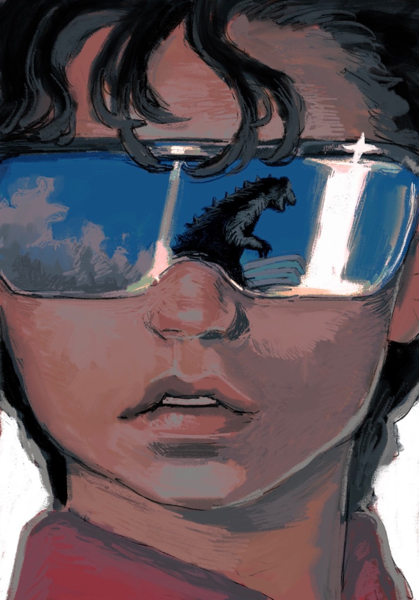 1boy, black_hair, blue_sky, cloud, dark-skinned_male, dark_skin, giant, giant_monster