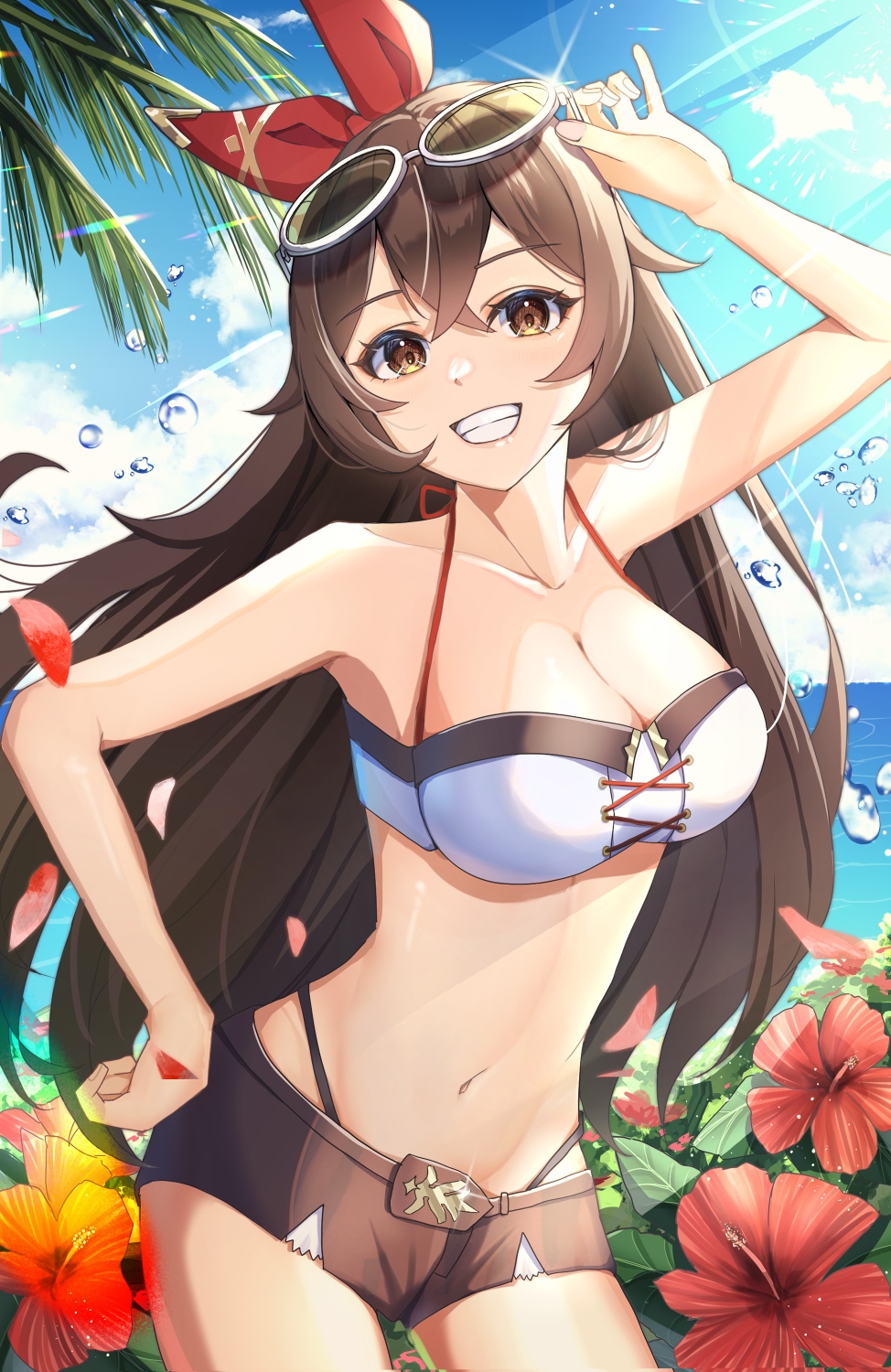 1girl, adapted_costume, adjusting_eyewear, amber_(genshin_impact), bare_arms, bare_shoulders, blue_sky, breasts, brown_eyes, brown_hair, brown_shorts, cleavage, commentary_request, day, eyewear_on_head, flower, genshin_impact, green-tinted_eyewear, grin, hair_between_eyes, hair_ribbon, hand_on_eyewear, hand_on_own_hip, highres, horizon, kanan_ria, large_breasts, long_hair, navel, ocean, outdoors, red_ribbon, ribbon, shorts, sky, smile, solo, teeth, tinted_eyewear
