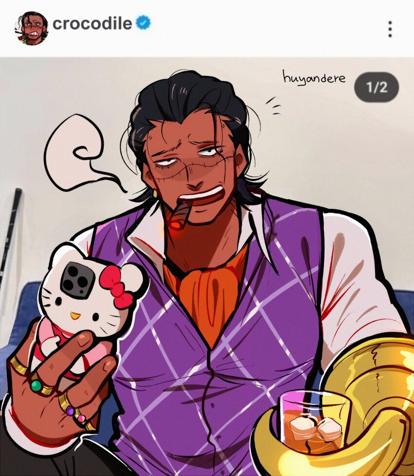 1boy, absurdres, alternate_costume, ascot, black_hair, cigar, crocodile_(one_piece), cup, hair_slicked_back, hello_kitty, hello_kitty_(character), hello_kitty_phonecase_(meme), hello_kitty_print, highres, holding, holding_cup, holding_phone, hook_hand, huyandere, instagram, jewelry, male_focus, meme, one_piece, ornate_phone_case, parody, phone, sanrio, short_hair, smoking, solo, stitches, vest