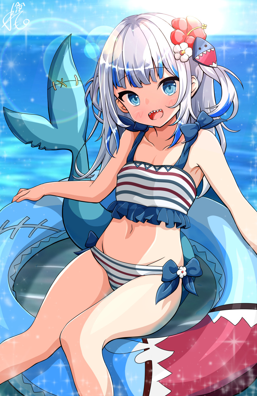 1girl, absurdres, bare_arms, bare_legs, bikini, blue_eyes, blue_sky, bow