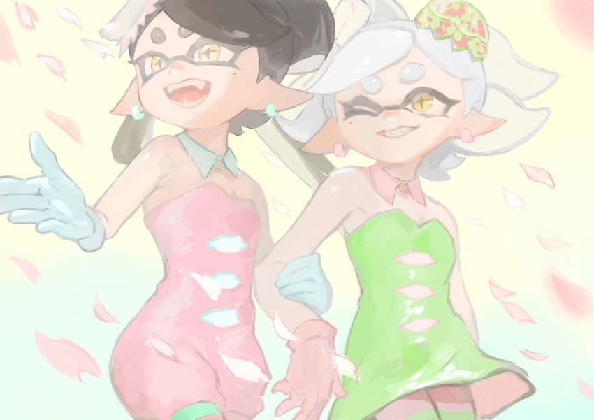 2girls, bare_shoulders, black_hair, bow-shaped_hair, callie_(splatoon), callie_(springfest)_(splatoon), collar, cousins