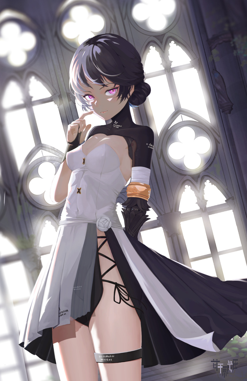 1girl, absurdres, alternate_hair_length, alternate_hairstyle, arm_behind_back, black_dress, black_hair, black_skirt