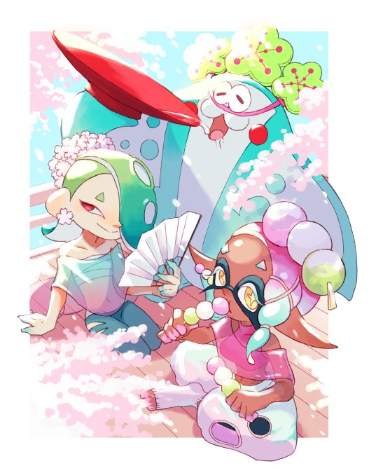1boy, 2girls, aqua_hair, bare_shoulders, big_man_(splatoon), big_man_(springfest)_(splatoon), blush_stickers, border