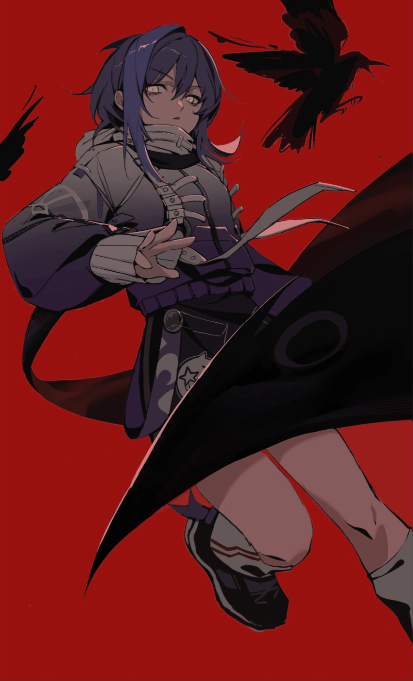 1girl, absurdres, bird, black_bird, black_footwear, black_scarf, black_skirt, blue_hair, blue_jacket, breasts, crache_(path_to_nowhere), crow, foot_out_of_frame, gradient_clothes, gradient_jacket, highres, hood, hooded_jacket, jacket, leg_warmers, long_sleeves, looking_at_viewer, looking_down, medium_hair, miniskirt, path_to_nowhere, red_background, scarf, skirt, sleeves_past_wrists, small_breasts, solo, thighs, turtleneck, white_eyes, white_jacket, white_leg_warmers, yanjie, zipper