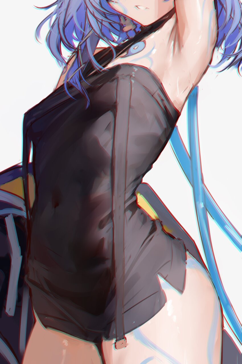 1girl, absurdres, arm_up, armpits, black_jacket, blue_hair, breasts, covered_navel, dress, grey_hair, highres, hip_tattoo, indie_virtual_youtuber, jacket, light_blue_hair, naokomama, out_of_frame, sayu_sincronisity, sayu_sincronisity_(1st_costume), short_hair, simple_background, small_breasts, solo, tattoo, virtual_youtuber, white_background