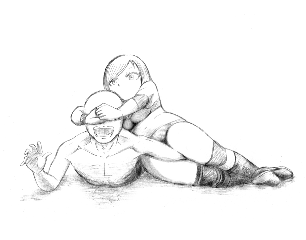 1boy, 1girl, artist_request, crossface, femdom, monochrome, submission_hold, tagme