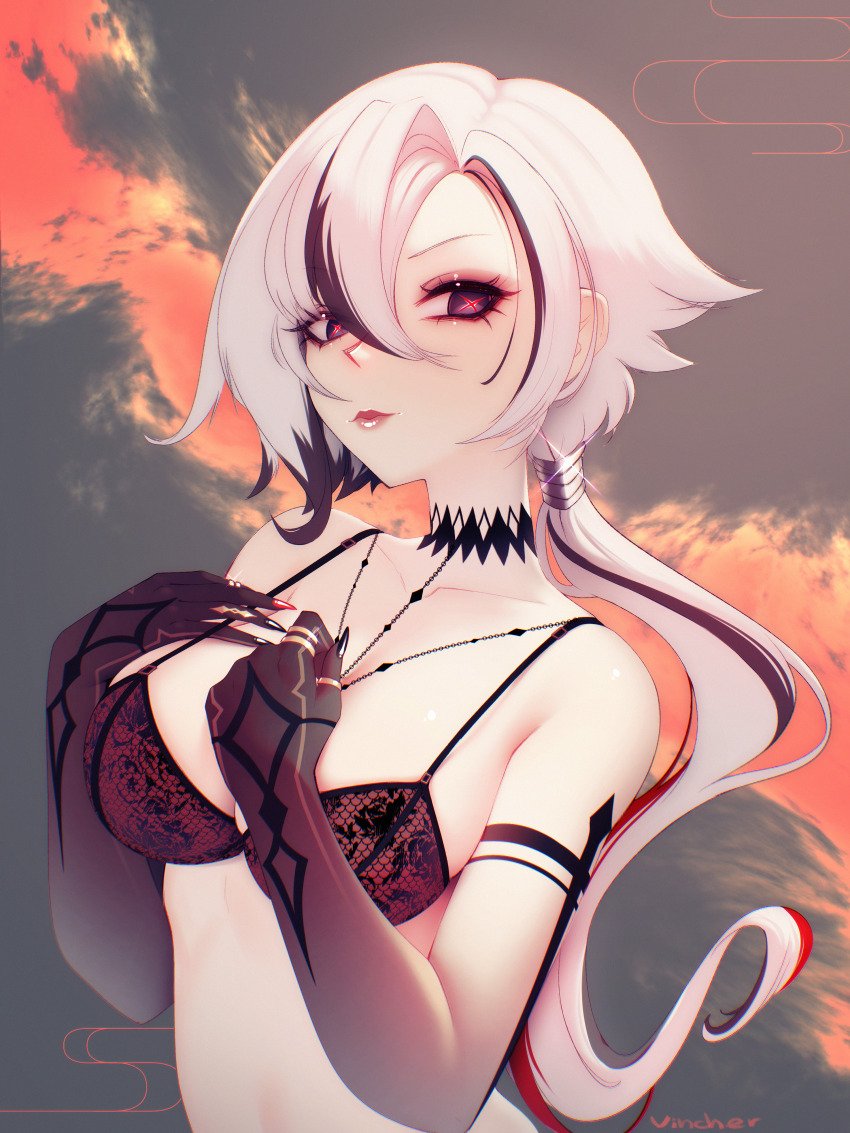 1girl, absurdres, arlecchino_(genshin_impact), bare_shoulders, black_bra, black_eyes, black_hair, bra