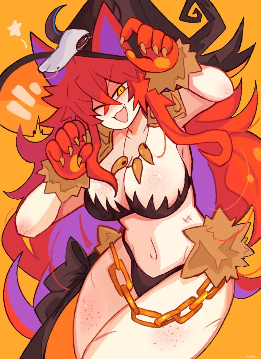 1girl, :3, animal_ears, animal_hands, black_bra, black_panties, body_freckles, bra