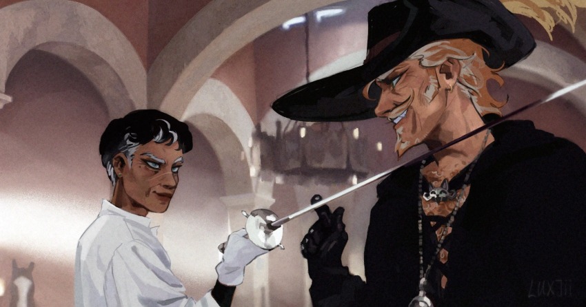 1boy, 1girl, black_gloves, black_hair, black_hat, black_shirt, blue_eyes, center_opening