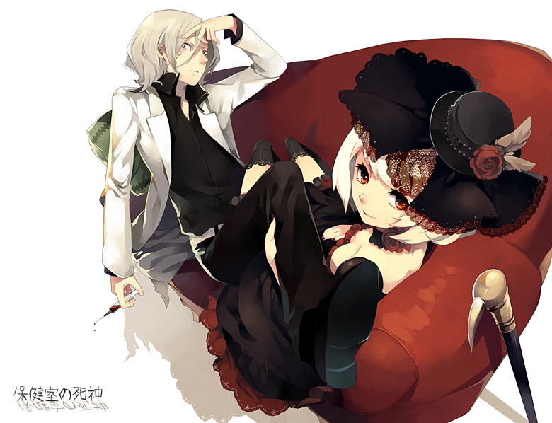 1boy, 1girl, cane, dress, flower, hades_itsuhito, hat, hokenshitsu_no_shinigami, lab_coat, mini_hat, mini_top_hat, mitogawa_chitose, nail_polish, original, red_eyes, red_nails, red_rose, riku_(wana), rose, scar, school_nurse, short_hair, syringe, thighhighs, top_hat, white_hair