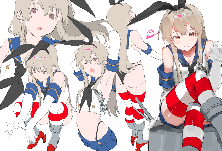 1girl, anchor_hair_ornament, ass, black_hairband, black_neckerchief, black_panties, blonde_hair, blue_sailor_collar, blue_skirt, crop_top, crossed_legs, elbow_gloves, full_body, gloves, grey_eyes, grin, hair_ornament, hairband, highleg, highleg_panties, highres, kantai_collection, long_hair, microskirt, miniskirt, multiple_views, neckerchief, one_eye_closed, panties, pleated_skirt, rudder_footwear, sailor_collar, shimakaze_(kancolle), shirt, shishamo_(domado), simple_background, sitting, skirt, sleeveless, sleeveless_shirt, smile, squatting, standing, striped_clothes, striped_thighhighs, thighhighs, underwear, upper_body, white_background, white_gloves, yawning