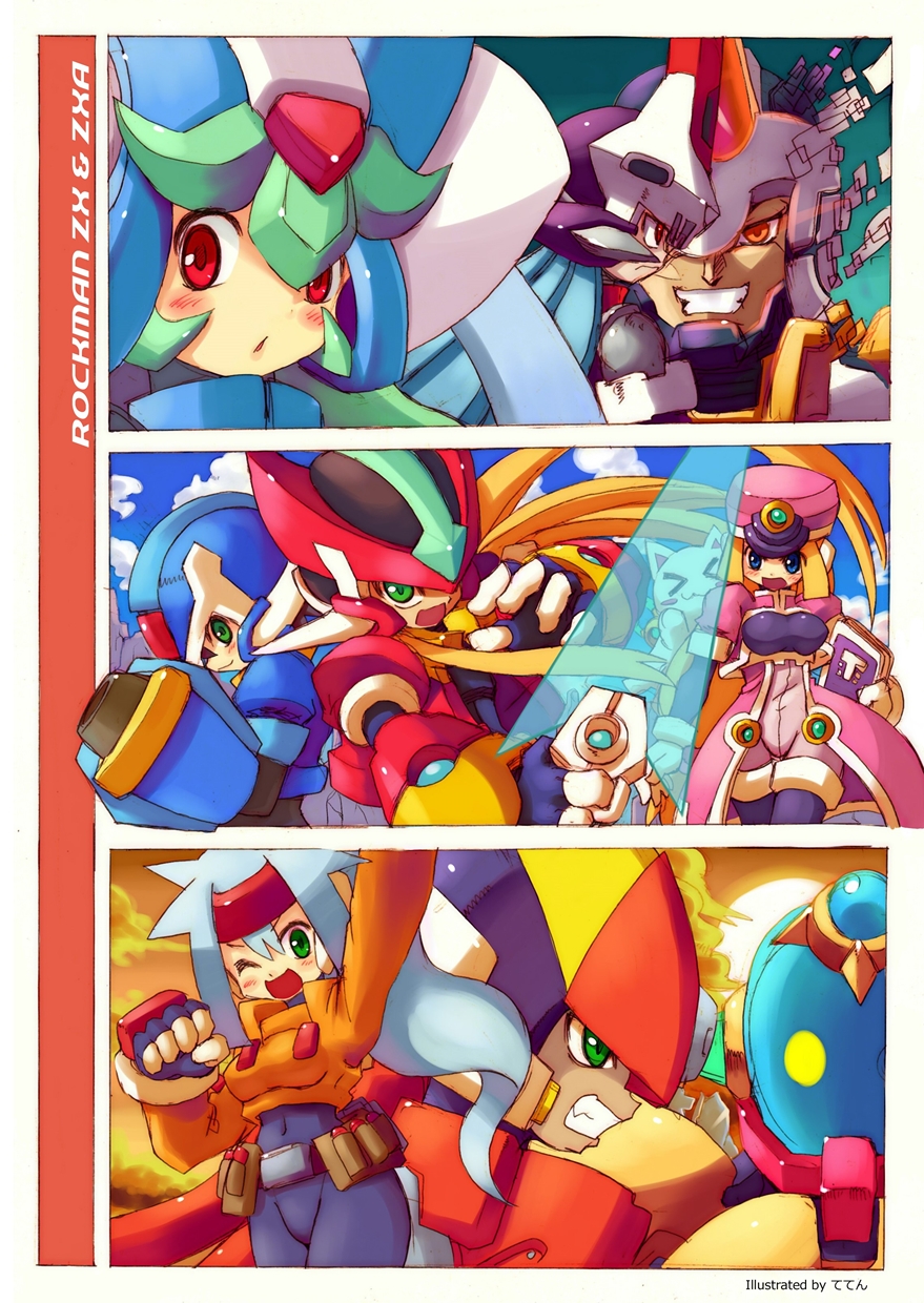 >_<, 4girls, 5boys, aile_(mega_man_zx), aqua_hair, arm_cannon, armor, ashe_(mega_man)