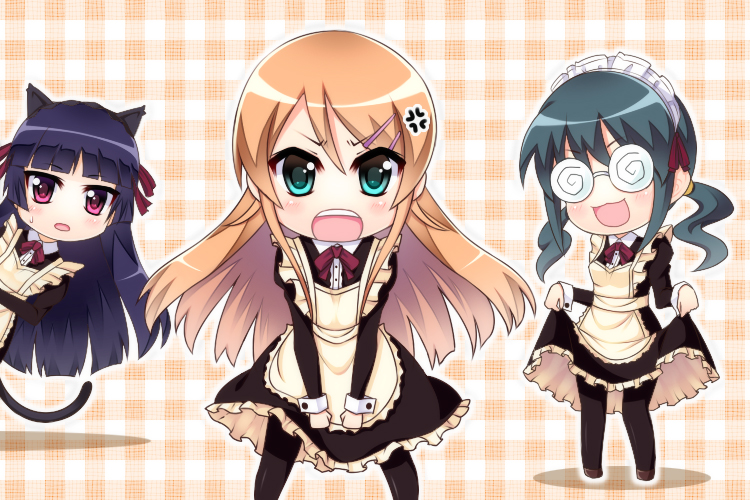 3girls, @_@, alternate_costume, anger_vein, animal_ears, bad_id, bad_pixiv_id, black_hair, blue_hair, cat_ears, cat_tail, chibi, enmaided, glasses, gokou_ruri, green_eyes, hooves, kousaka_kirino, maid, makishima_saori, multiple_girls, neon_(neonknight), orange_hair, ore_no_imouto_ga_konna_ni_kawaii_wake_ga_nai, pantyhose, red_eyes, tail, twintails