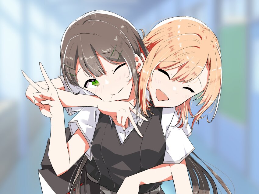 2girls, absurdres, arm_around_neck, black_dress, blurry, blurry_background, blush, brown_hair