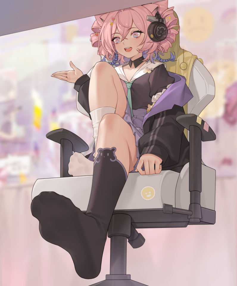 1girl, arknights, black_socks, chair, feet, headphones, light_blush, long_hair