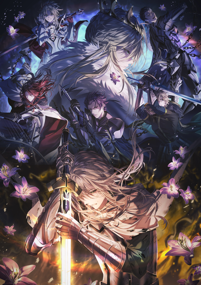 2girls, 5boys, absurdres, agravain_(fate), airgetlam_(fate), armor, arondight_(fate), artoria_pendragon_(fate), artoria_pendragon_(lancer)_(fate), bedivere_(fate), black_armor, black_hair, blonde_hair, blue_cape, blue_eyes, braid, cape, clarent_(fate), closed_eyes, collared_cape, crown, excalibur_(fate/stay_night), excalibur_galatine_(fate), failnaught_(fate), fate/grand_order, fate_(series), french_braid, fur-trimmed_cape, fur_trim, gauntlets, gawain_(fate), gawain_(third_ascension)_(fate), gloves, green_eyes, hair_between_eyes, hair_ornament, hair_scrunchie, harp, highres, holding, instrument, junpaku_karen, knight, lancelot_(fate/grand_order), lancelot_(first_ascension)_(fate/grand_order), lion_king_(lancer)_(fate), long_hair, looking_at_viewer, mordred_(fate), mordred_(fate/apocrypha), multiple_boys, multiple_girls, parted_bangs, prosthesis, prosthetic_arm, purple_armor, purple_eyes, purple_hair, red_hair, scrunchie, short_hair, sidelocks, tristan_(fate), tristan_(third_ascension)_(fate), weapon