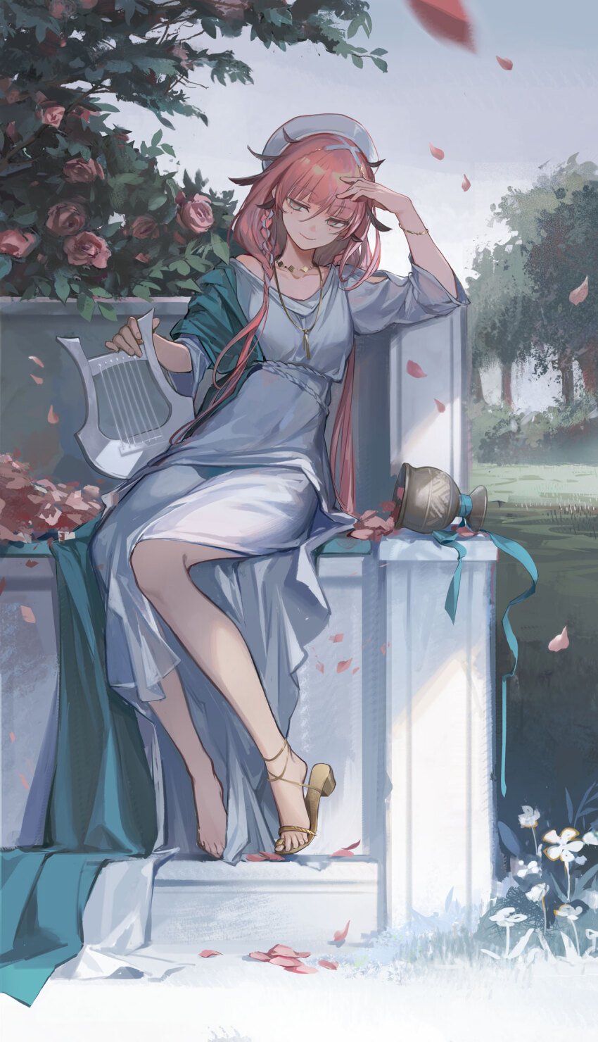 1girl, arknights, barefoot, bench, commentary, dress, english_commentary, erato_(arknights)