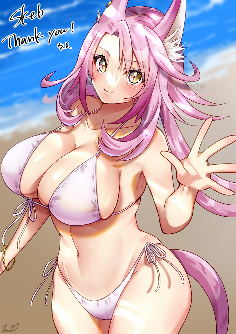 1girl, animal_ear_fluff, armpits, beach, bikini, breasts, cat_girl, cleavage