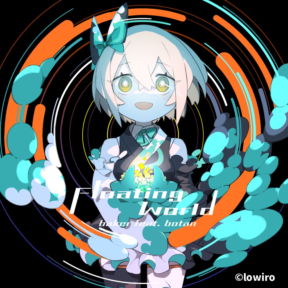 1girl, arcaea, asymmetrical_clothes, ayu_(arcaea), bare_shoulders, black_background, black_kimono, black_sleeves, blue_skin, bow, bowtie, butterfly_hair_ornament, cheri_zao, collared_shirt, colored_skin, copyright_notice, detached_sleeves, fang, hair_between_eyes, hair_ornament, japanese_clothes, kimono, mixed-language_commentary, official_art, open_mouth, shirt, short_hair, skin_fang, sleeveless, sleeveless_kimono, smile, solo, song_name, white_hair, white_shirt, white_sleeves