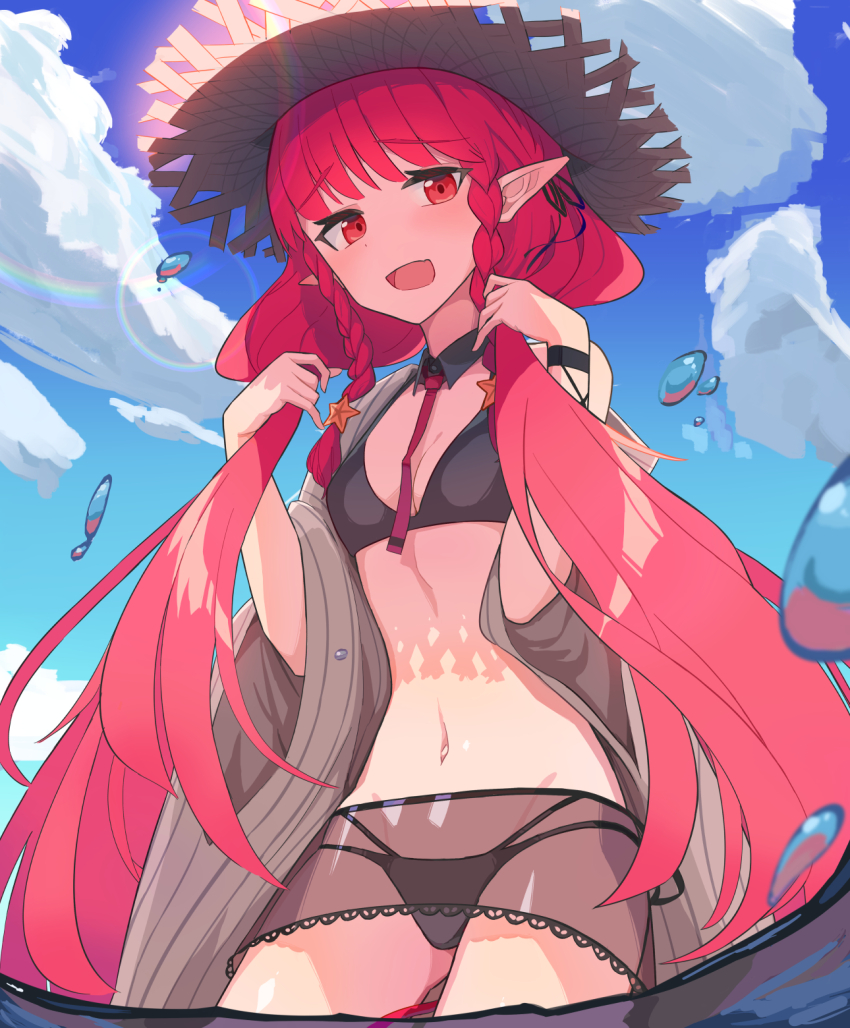 1girl, 8ka43, arknights, bikini, black_bikini, braid, cloud, cloudy_sky, cowboy_shot, hat, highres, long_hair, looking_at_viewer, navel, necktie, official_alternate_costume, open_mouth, pointy_ears, red_eyes, red_hair, red_necktie, see-through_clothes, see-through_skirt, side_braids, skirt, sky, solo, standing, straw_hat, sun_hat, swimsuit, twin_braids, vigna_(arknights), vigna_(casual_vacation)_(arknights), water