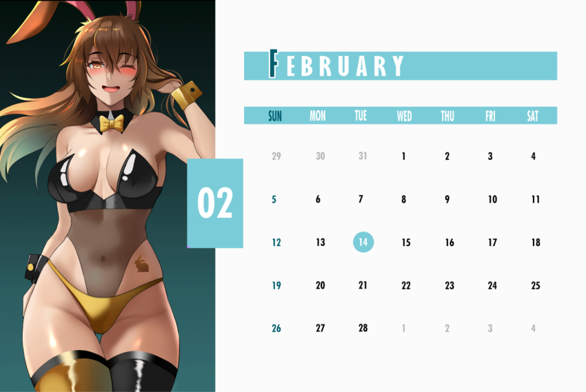1girl, 2023, animal_ears, aqua_background, arm_up, armpits, asymmetrical_wrist_cuffs, bare_shoulders, black_background, black_collar, black_leotard, black_thighhighs, black_wrist_cuffs, blush, bow, bowtie, breasts, breasts_apart, brown_hair, calendar_(medium), check_clothing, chinese_zodiac, clothing_request, collar, commentary, covered_navel, cowboy_shot, detached_collar, english_commentary, february, floating_hair, gold_panties, gold_thighhighs, gold_wrist_cuffs, gradient_background, groin, hair_between_eyes, highleg, highleg_panties, lainart, large_breasts, leotard, long_hair, looking_at_viewer, mismatched_thighhighs, mismatched_wrist_cuffs, navel, one_eye_closed, open_mouth, panties, rabbit_ears, rabbit_girl, rabbit_tattoo, rwby, see-through_clothes, see-through_leotard, smile, solo, standing, strapless, tattoo, thighhighs, underwear, velvet_scarlatina, wing_collar, wrist_cuffs, year_of_the_rabbit, yellow_bow, yellow_bowtie