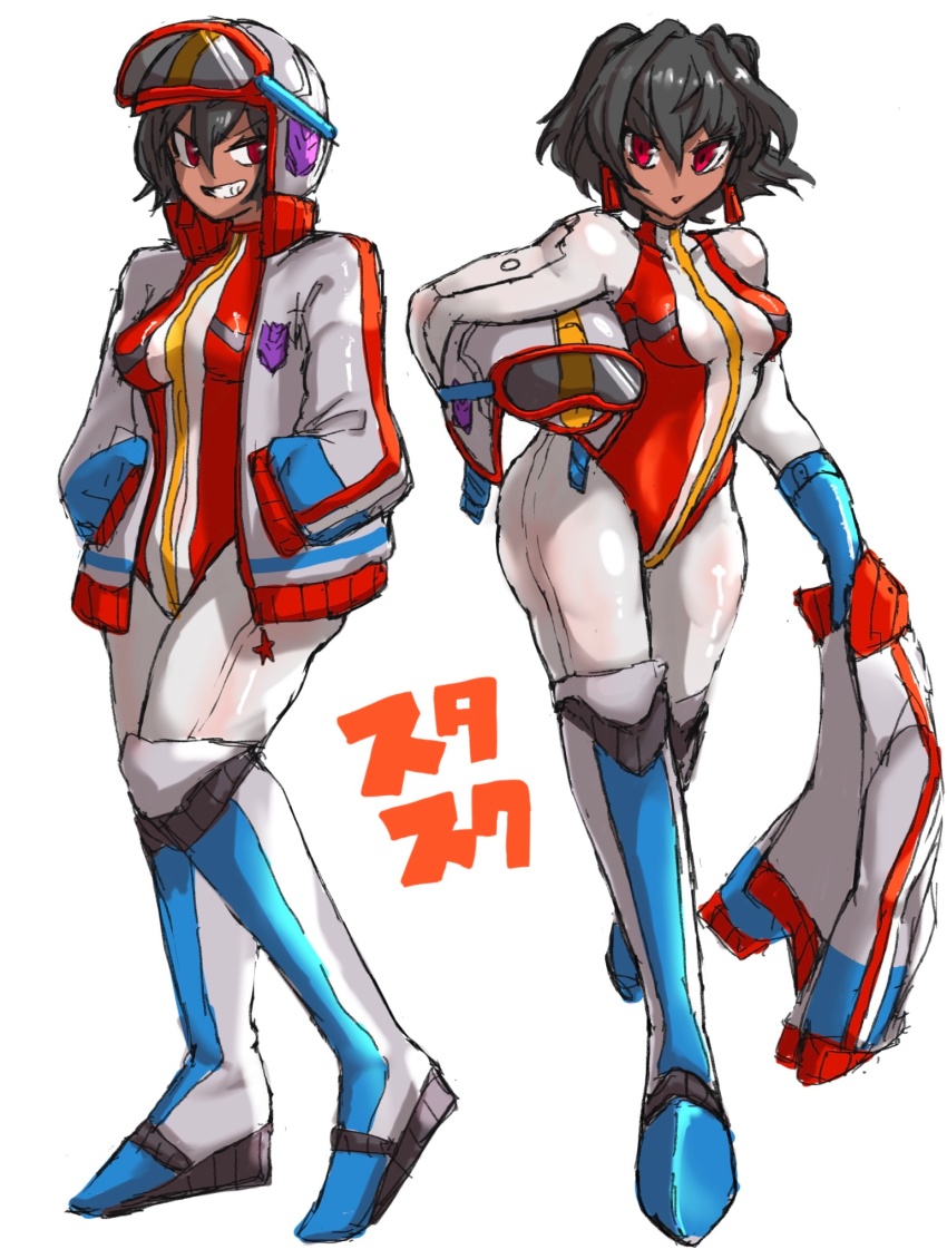 1girl, blue_gloves, boots, breasts, covered_collarbone, dark-skinned_female, dark_skin, decepticon