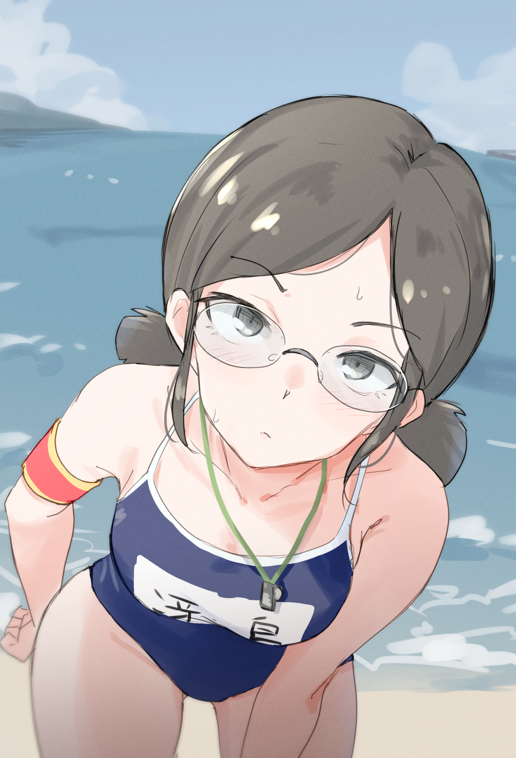 1girl, armband, armpits, bare_arms, bare_legs, bare_shoulders, beach, black_hair